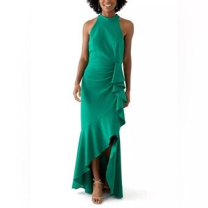 Betsy & Adam Women's Sleeveless Mock Neck Side Ruffle Gown